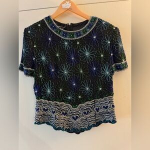 Vtg Laurence Kazar Women's Silk Sequins Beaded Evening Top - Blue/Green/Black